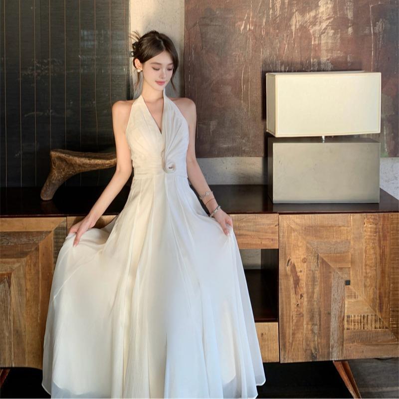 Gentle and Romantic Sleeveless Collar Neck Dress Design Sense Twist Pleated Waist Long Dress Seaside Vacation Dress