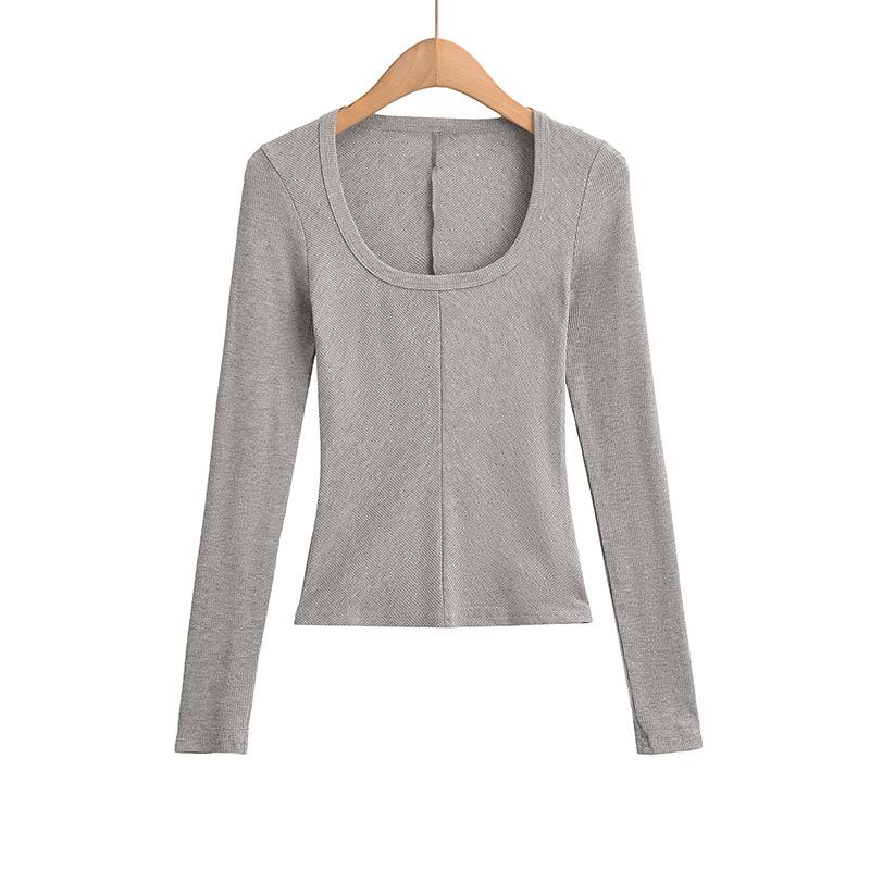 

2024 Осень Сексуальный U-образный вырез с длинными рукавами Твил Slim Fit Женский Топ Medium хизер серый