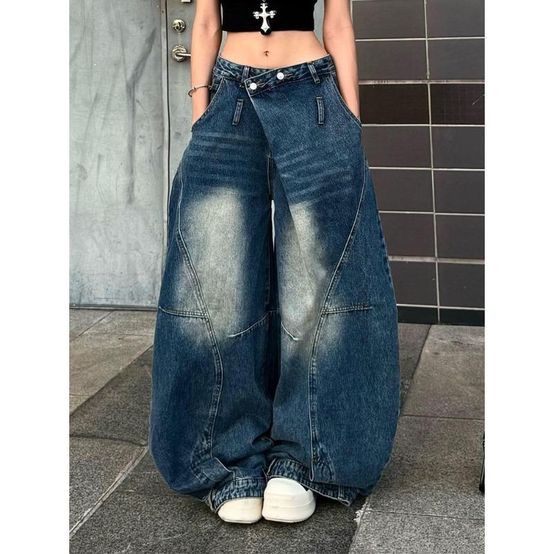 Hohe Taille Vintage Große Größen Amerikanische Weite Beine Jeans Damen Locker Fauler Stil Schräger Bund Hosen