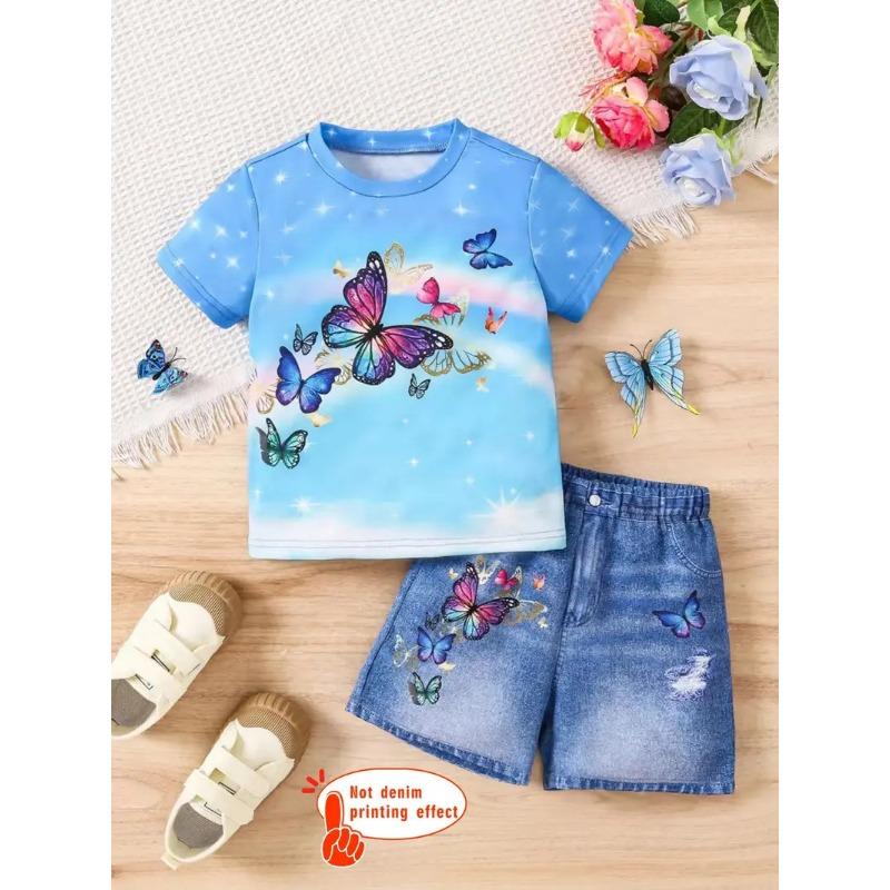 Girls Summer Cartoon Print Suit Without Pockets Fake Denim Shorts T-shirt Top Two-piece Set