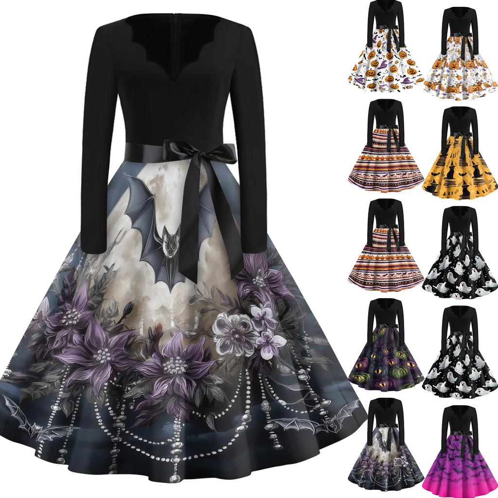 Women Casual Vintage V Neck Dress Long Sleeve Halloween Print Retro Style Midi Dress with Waist Tie Belt