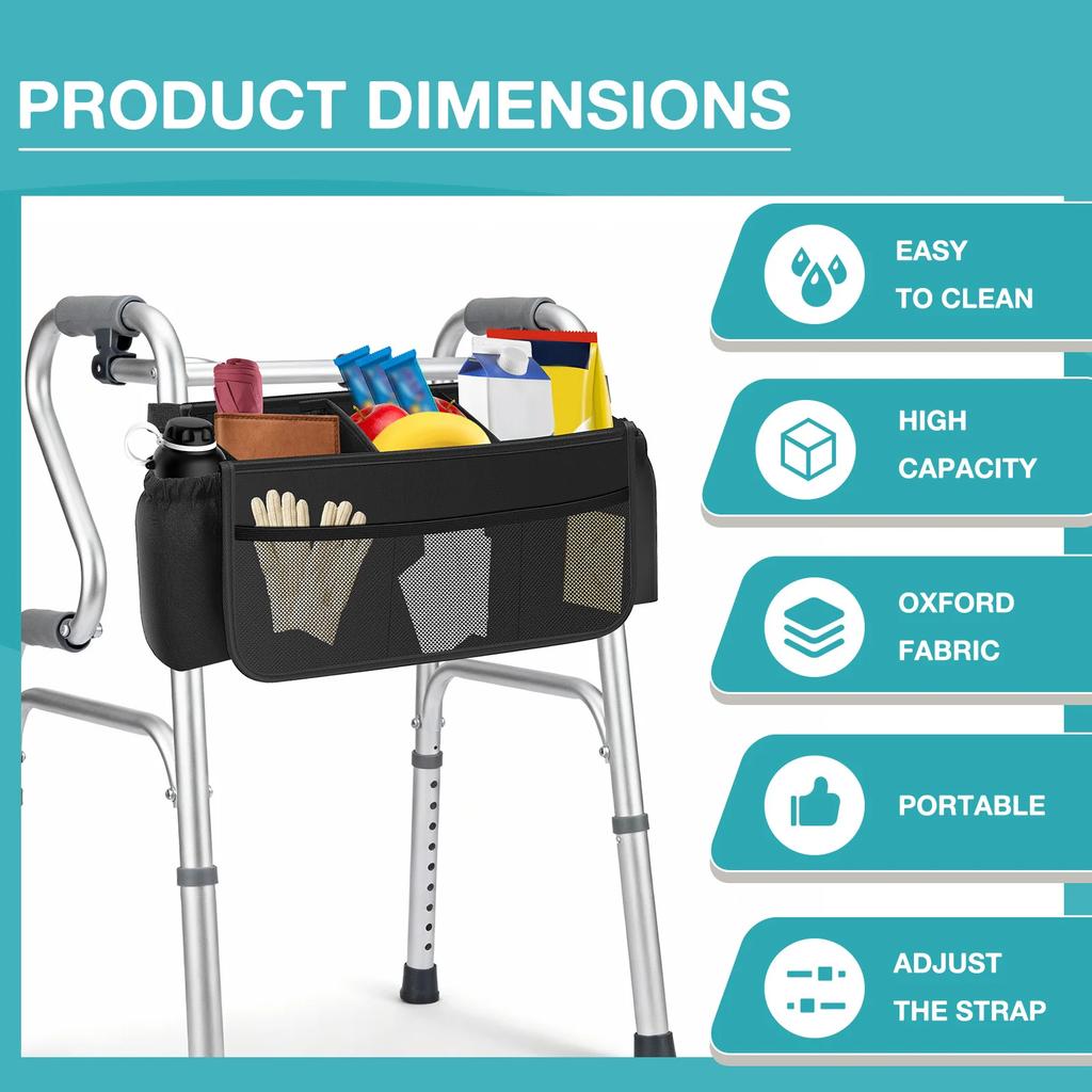 Walker Basket Bag with Water Bottle Pocket Holder Hanging Foldable Walker Storage Tote Bag for Seniors and Handicapped
