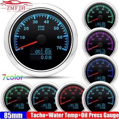 ZMFJH 7 Color LED Pointer MultiMeter Auto Car Boat Digital 85MM Tachometer+Water Temperature+Oil Pressure Gauge Waterproof 9-32V
