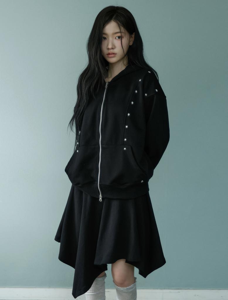 Lupeu Star Rivet Asymmetrical Midi Skirt Black