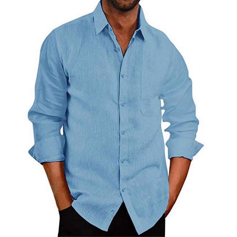 New Bestseller Men's Linen Shirt - Turn-Down Collar, Solid Color, Long Sleeve, Button-Up.