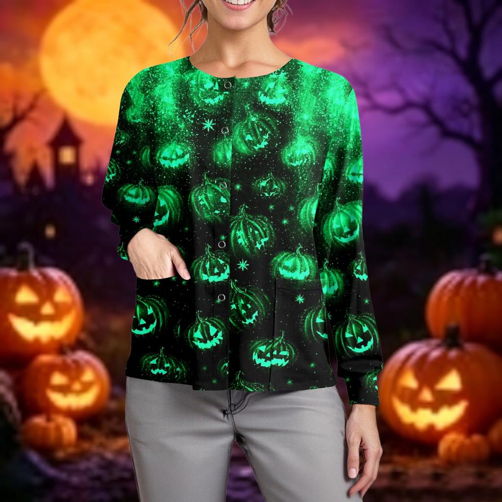 Women's Casual Long Sleeve Button Up Cardigan Halloween Print Lightweight Pullover Sweater for Caregivers and Everyday Wear
