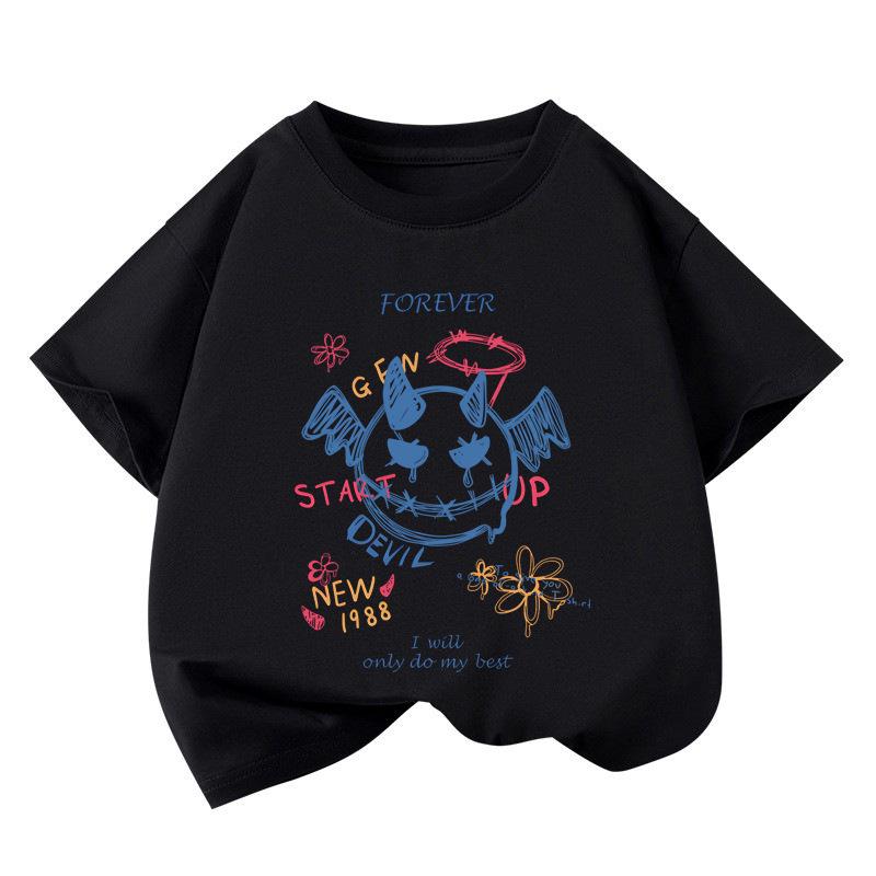 Graffiti Little Devil Short Sleeve T-Shirt for Kids – Summer Round Neck 120cm