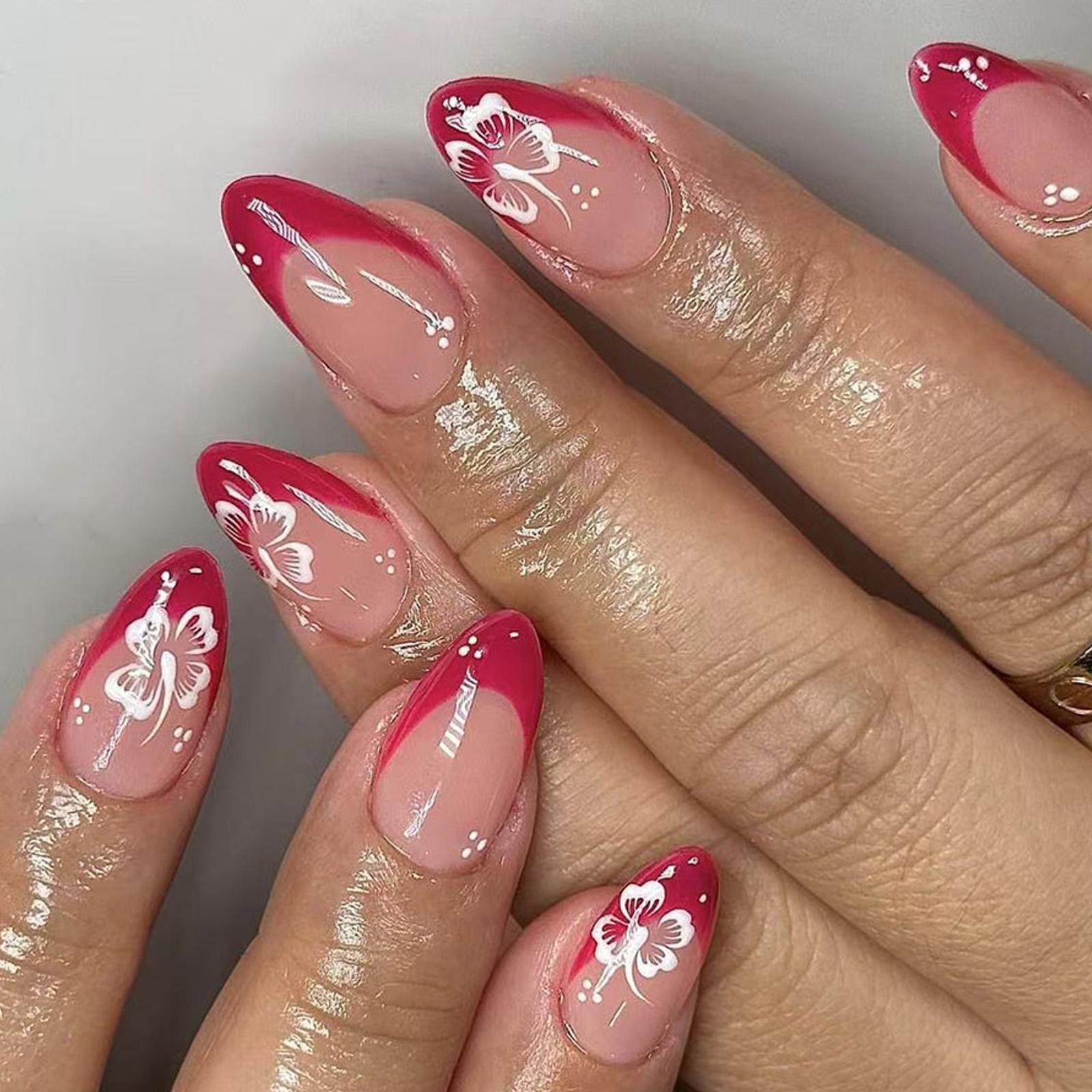 

24 шт. Акриловые ногти в французском стиле, накладные ногти для женщин, миндалевидные, клейкие, полное покрытие, искусственные ногти, простое нанесение