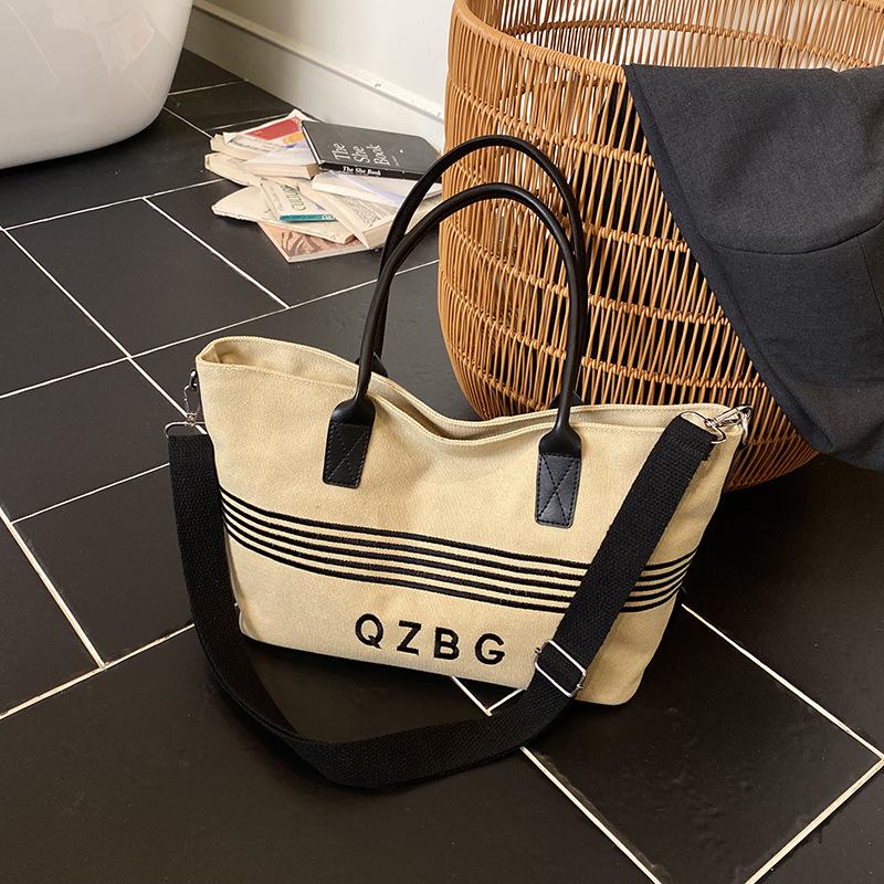

2025 Полосатая холщовая сумка-тоут: Большая универсальная ретро-сумка через плечо для женщин 41x14x22 cm хаки