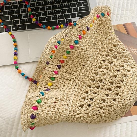 Straw Hat Large Brim Sun Protection Wide Brim Beach Hat with Ethnic Beads Chain Decoration Hollow Breathable Basin Hat