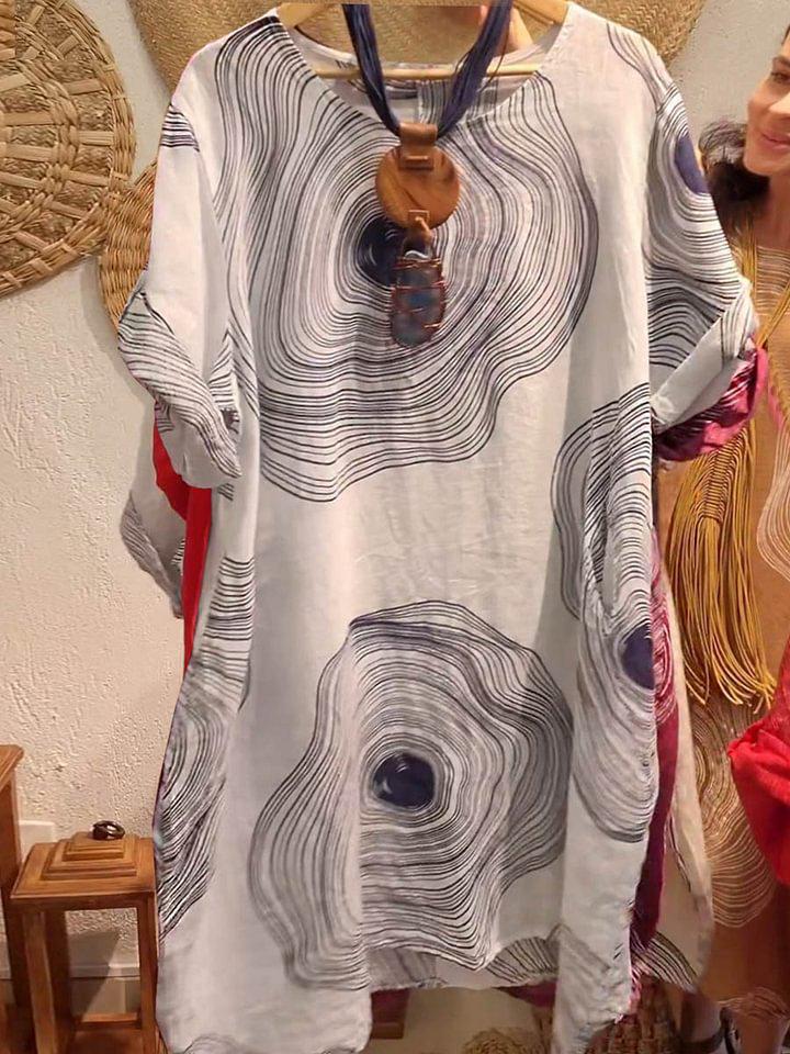 2026 European and American Fashion: Women's Abstract Print Linen Dress with Round Neck and Three-Quarter Sleeves