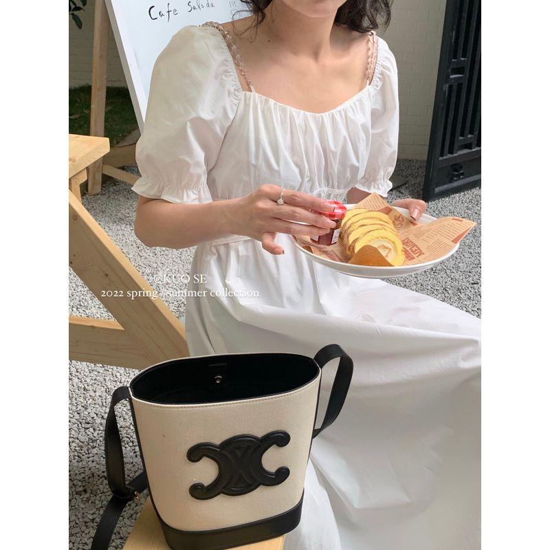 

Square Collar Scheming Dress Fairy South Korea Ins Expose Clavicle Collection Ruched French Minority Lightweight Fancy Elegant Gentle White L