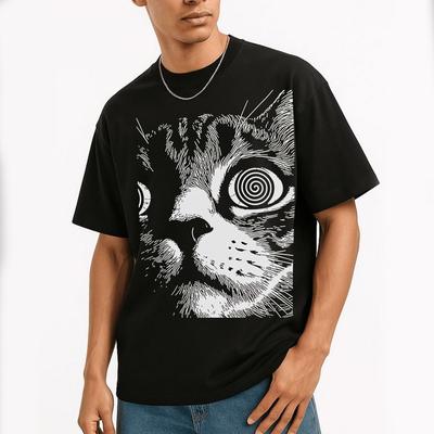 Fantasy Cat Pattern Print Pattern Short Sleeve Harajuku High Street Top Cotton Round Neck Top Stylish Loose Streetwear Unisex