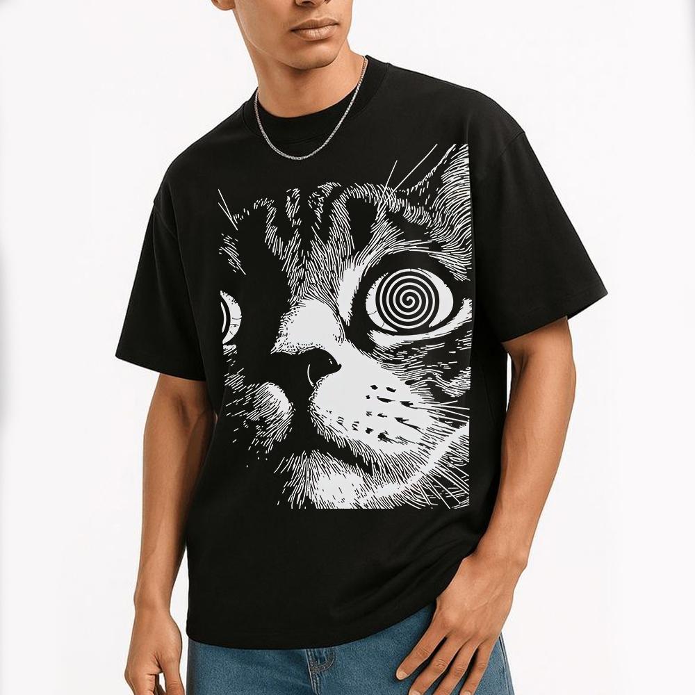 Fantasy cat pattern Print pattern Short sleeve Harajuku High street top Cotton round neck top Stylish loose streetwear unisex