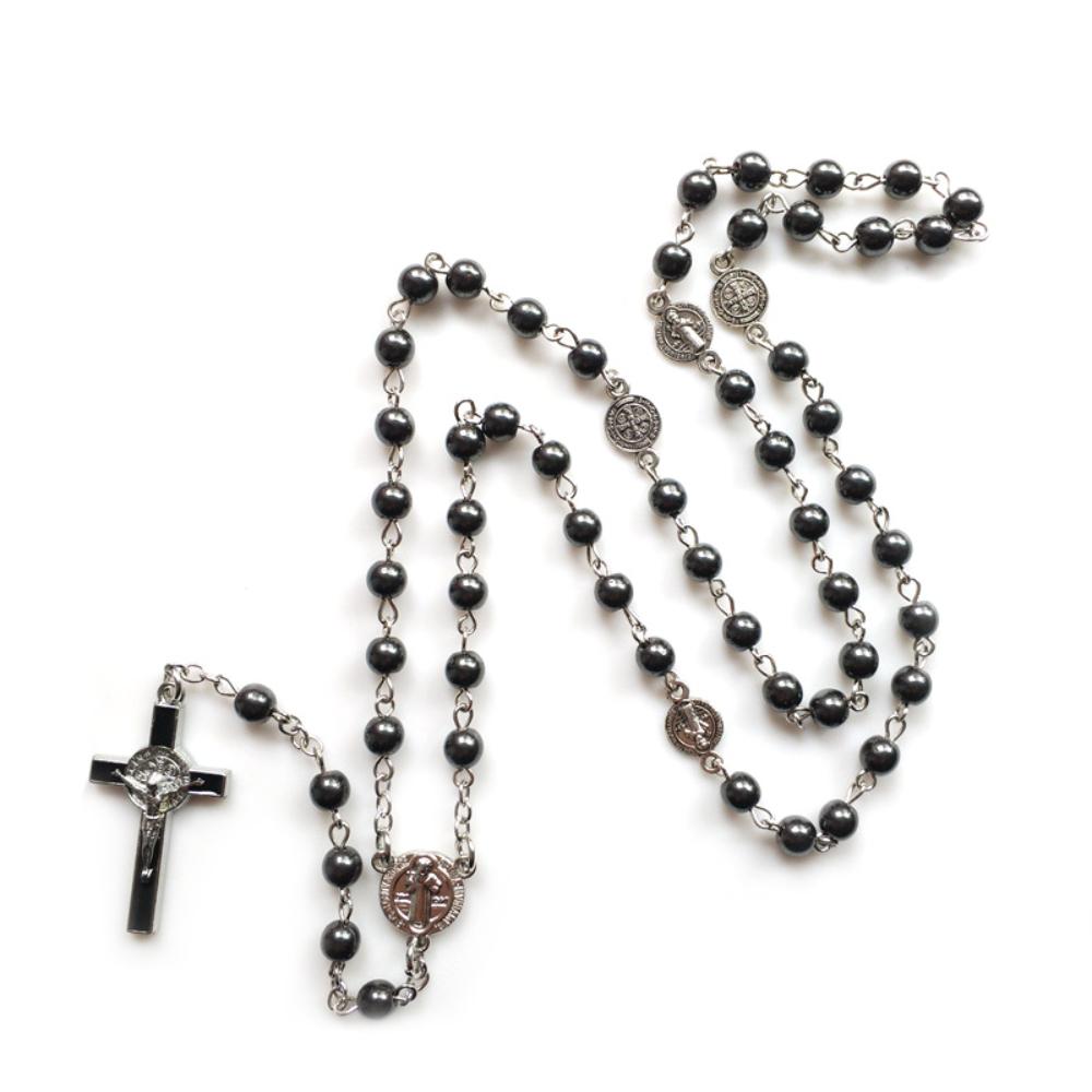 Long Cross Chain Vintage Crucifix Pendant Chain Black Gallstone Rosary Necklace  Women