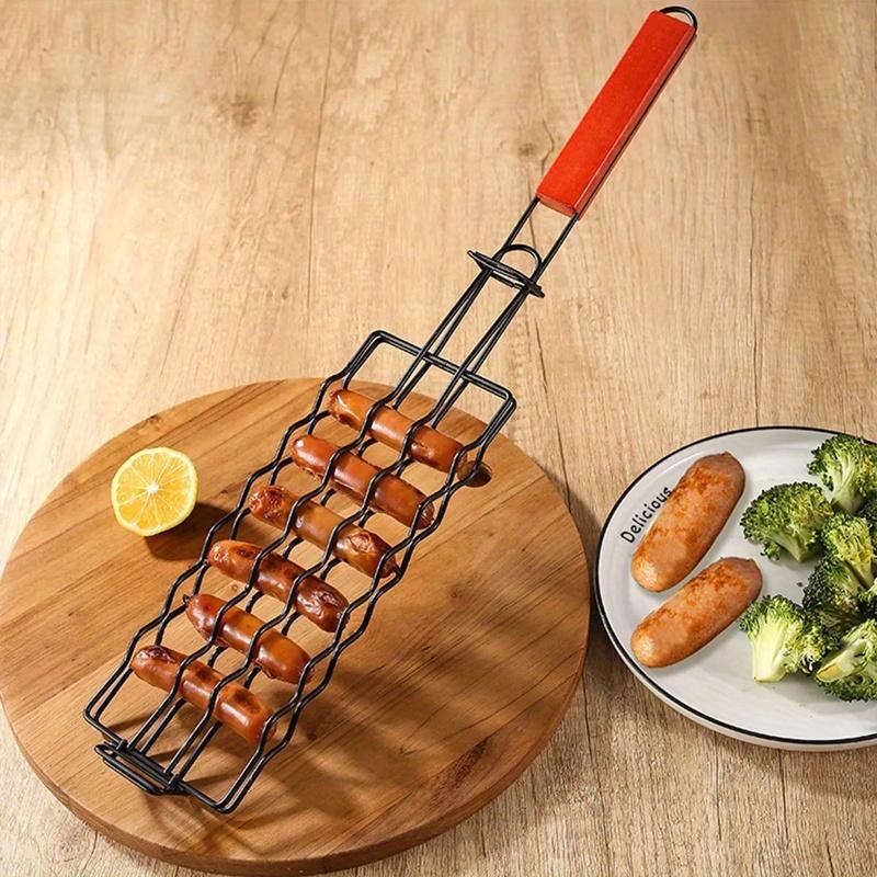 Multifunctional Carbon Steel BBQ Sausage Grilling Basket Outdoor Camping Barbecue Tool With Heat Resistant Handle Meat Sausage