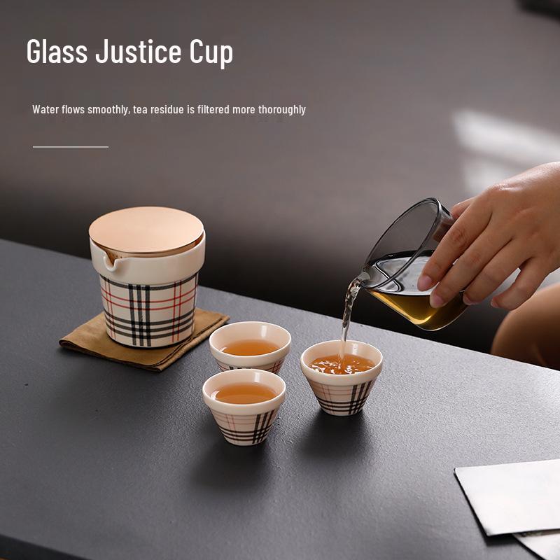 LV Grid Ceramic Travel Kung Fu Tea Set with Portable Bag - One Pot, Three Cups