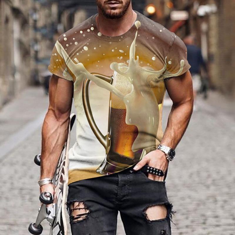 Printed Beer T-shirt 3D Digital Printed Men's Trendy Short Sleeved T-shirt Top