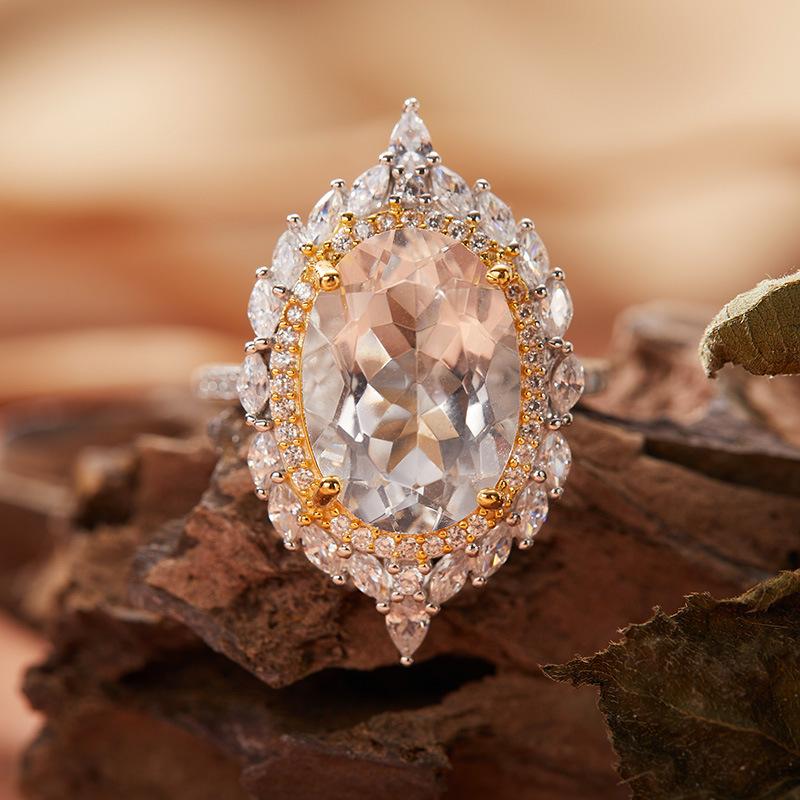 S925 Sterling Silver Plated 18K Gold Natural Color Treasure Large Carat Ring Light Luxury Premium Index Finger Ring Energy Jewelry