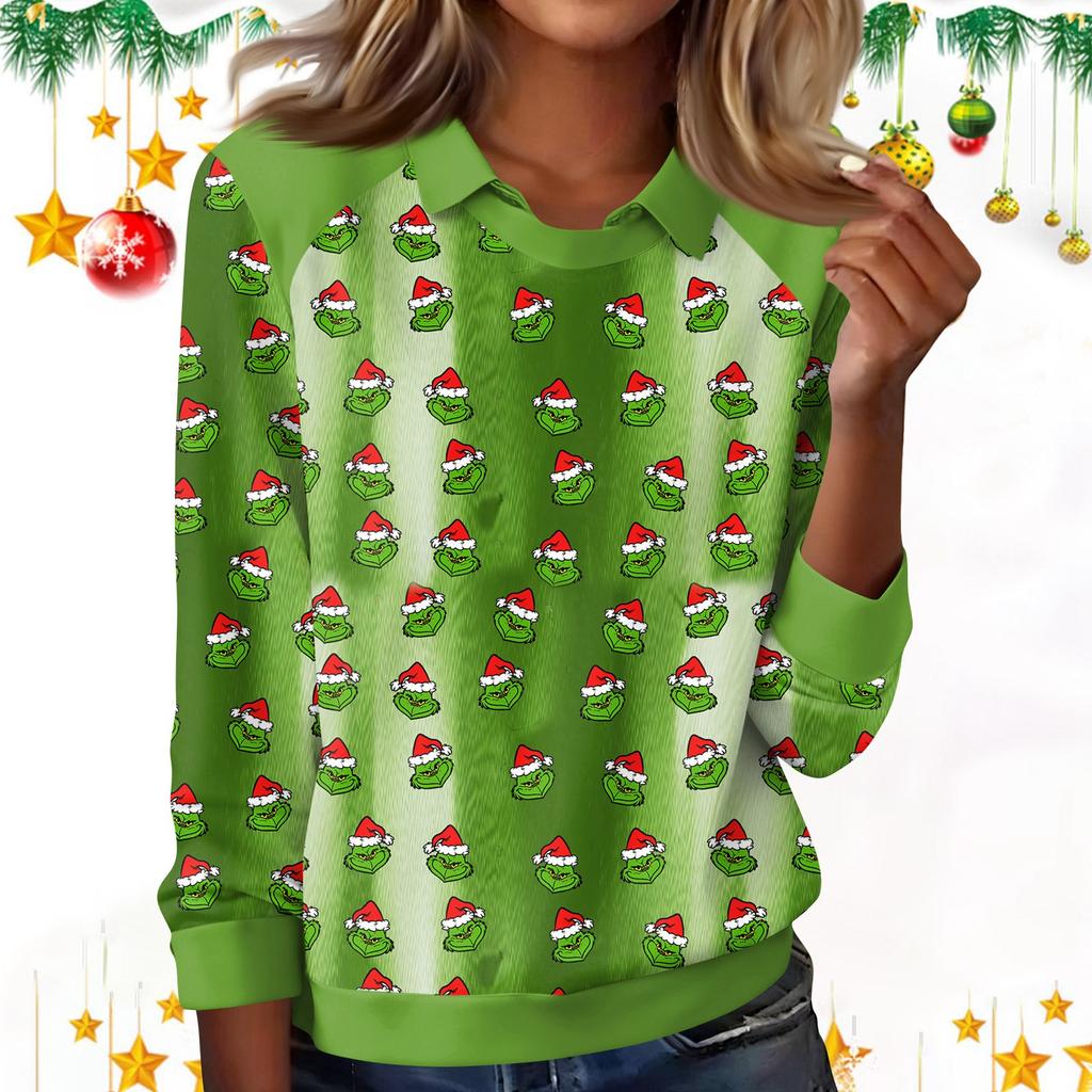 Women's Fashion Christmas Print Lapel Long Sleeve Casual Crewneck T-Shirt Top