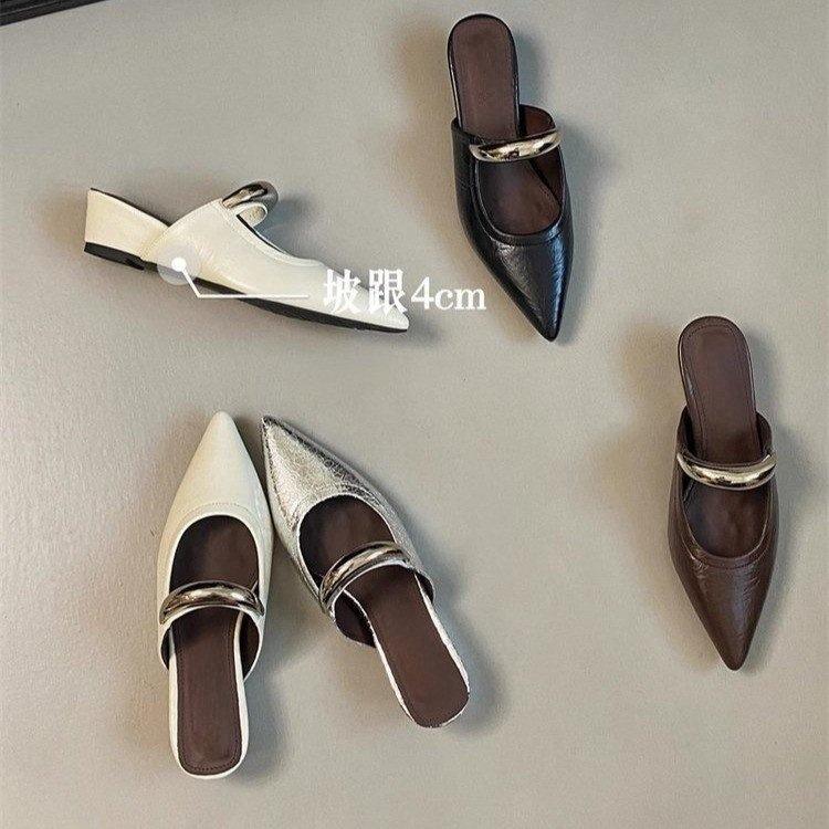 Baotou Drag Half Slippers Women's 2025 New Spring Muller Shoes Sandals Women's Shoes Wedge Heel Shoes High Heel Pointed Single Shoes