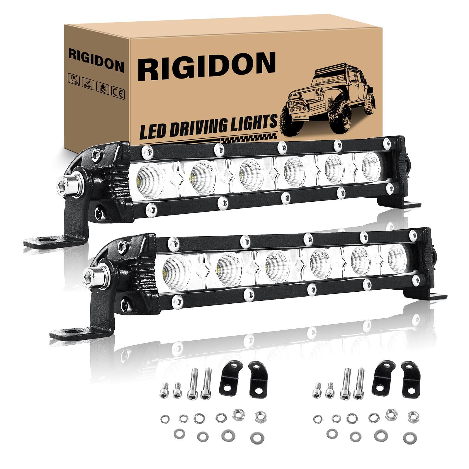 

RIGIDON 2Pcs 30W LED Light Bar 7 Inch Slim Flood Light Bar Waterproof Single Row LED Work Light Boat Driving Light Off-Road Truck ATV UTV
