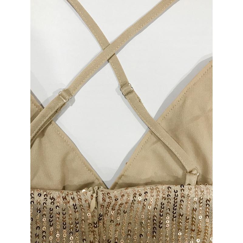 Women's Summer Sequin Ruched Cross Halter Resort Dresses