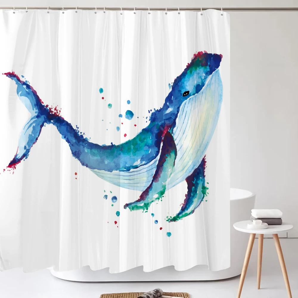 Dolphin Shower Curtain, Blue Underwater World Marine Life , Polyester Fabric Kids Ocean Theme Bathroom Decor Set with 12 Hooks