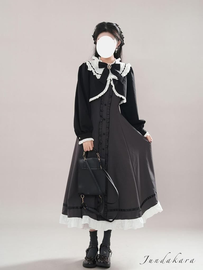 Jundakara Elegant Vest Dress and Coat Long Removable Ribbon and High French Girly Student XL Cape-Style Set, Sleeves, Ruffles, A-Line, Waist,