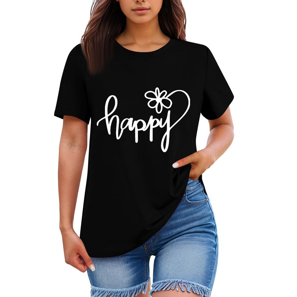 Ladies' Loose Comfortable Casual Fashionable “Happy”Character Printed Round Neck Short Sleeved Shirt