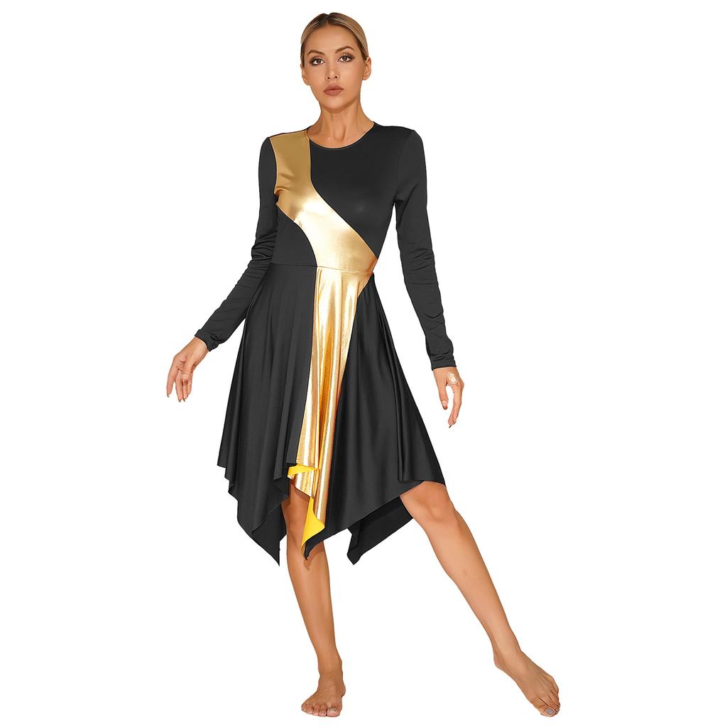 Womens Performance Dance Dress Contrast Color Patchwork Design Asymmetrical Hem Long Sleeve Church Worship Costume