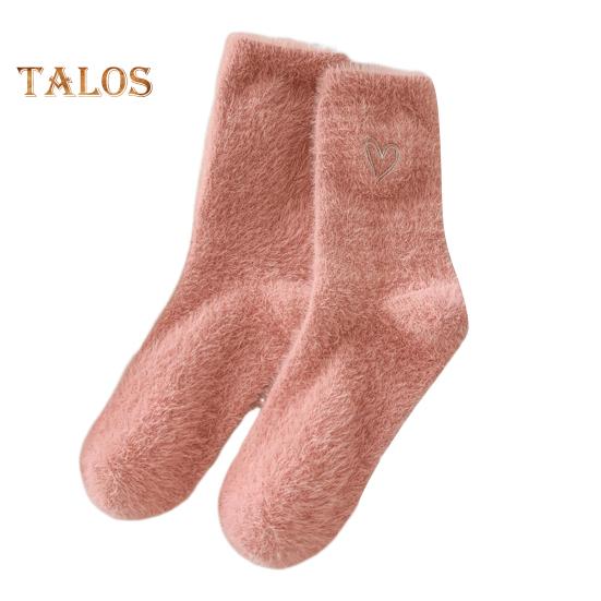 

1 пара зимних носков, утолщенные плюшевые носки средней длины, высокоэластичные, с вышитым сердцем, нескользящие, не скатывающиеся, носки-тапочки, комфортные, теплые, спальные носки темно-розовый