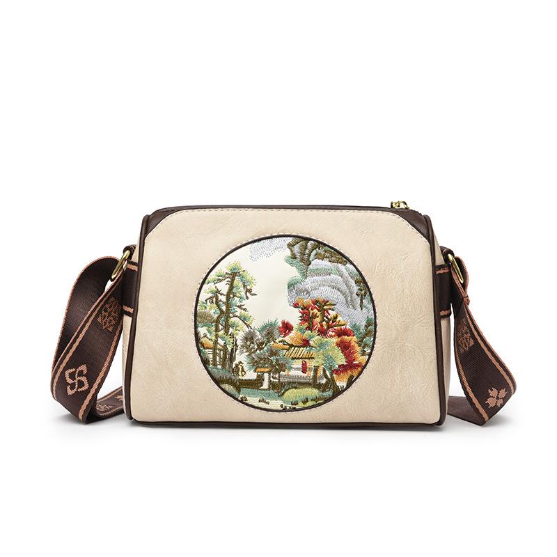 New Literary and Artistic Shoulder Bag Retro Embroidery Line Landscape Painting Mother Mobile Phone Bag Fashionable Multi-layer Crossbody Bag