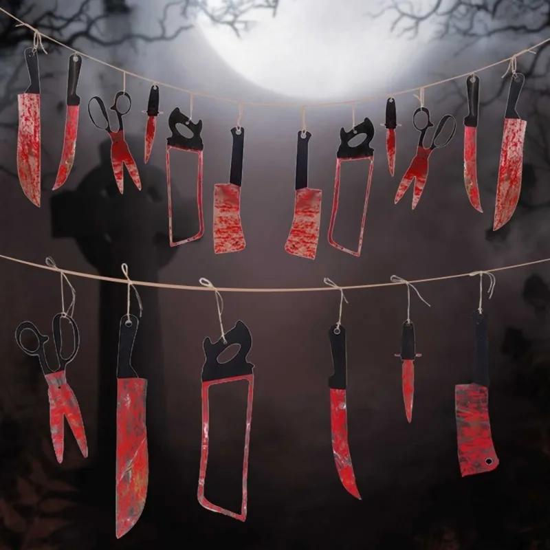 1-8Sets Scary Halloween Hanging Blood Knife Garland for Bar Haunted House Funny Prank Decoration Party Accessory Creepy Props