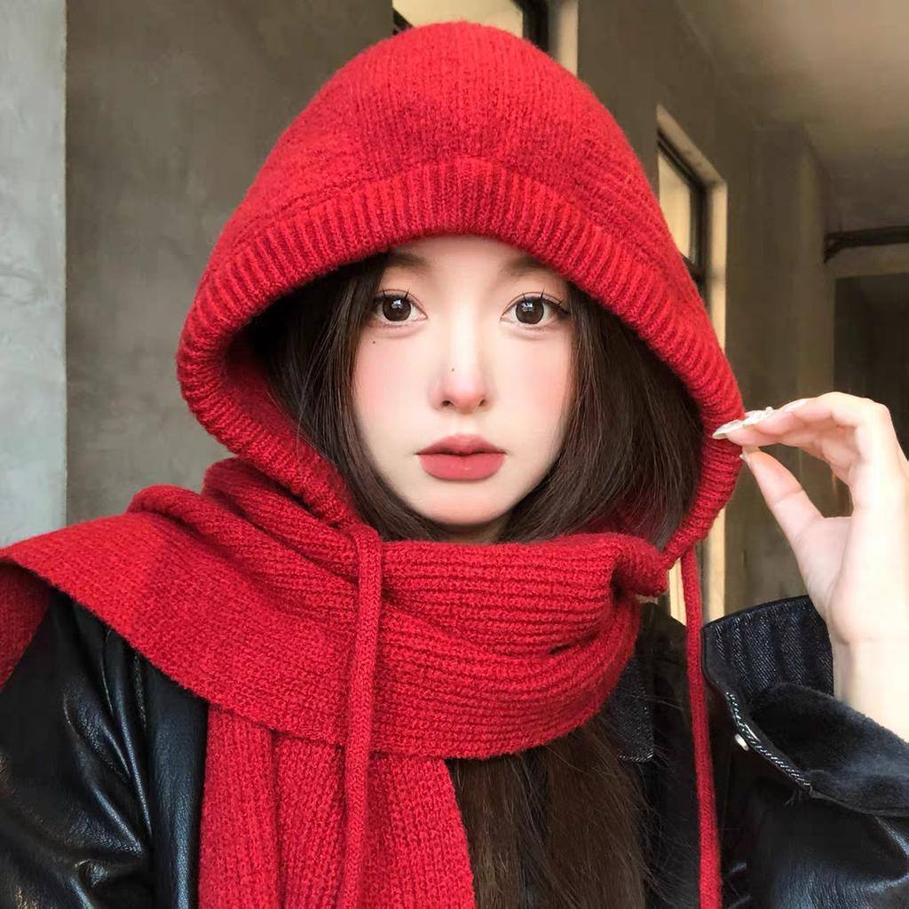 Balaclava hat women's autumn and winter big head circumference ear protector wool hat warm knitted hat scarf integrated hat