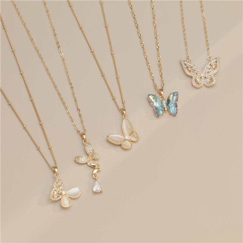 18k Gold Zircon & Diamond Necklace with Mother-of-Pearl Butterfly Pendant