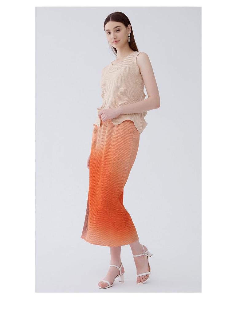 2025 Gradient A-Line Midi Skirt: High-Waisted, Fish Scale Print, Pleated Design