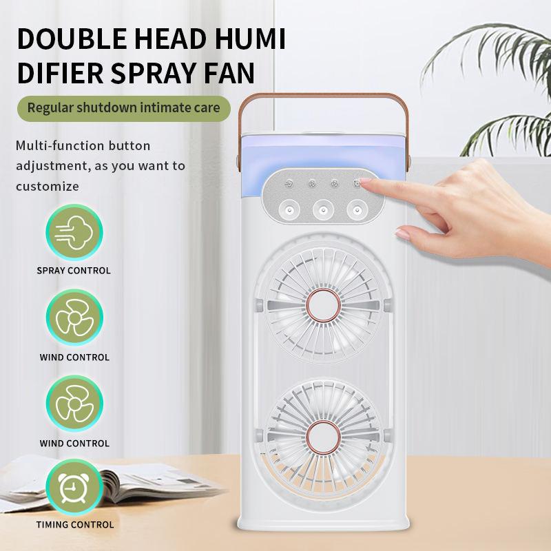 2026 Hot Selling USB Powered Rechargeable Double Head Three-Speed Remote Control Oscillating Humidify Ice Mist Fan Outdoor