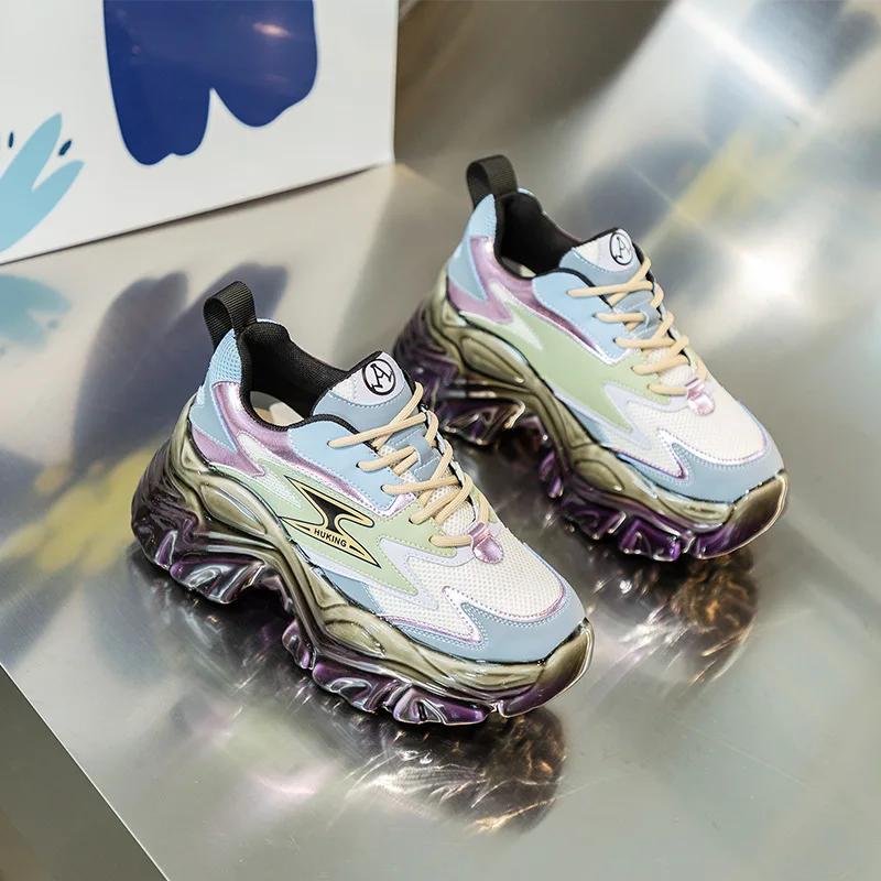 Fashion 7.5cm Air Mesh Synthetic Genuine Leather Women Platform Sneakers High Brand Shoes Vulcanize Summer Mixed Color Breathable