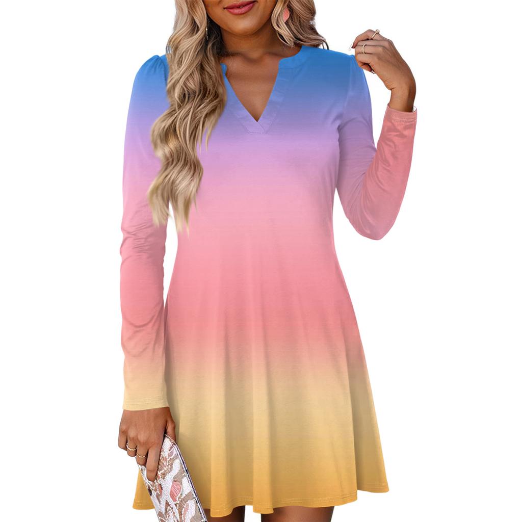 Women's Fashion Gradient V-neck Long Sleeve Dress