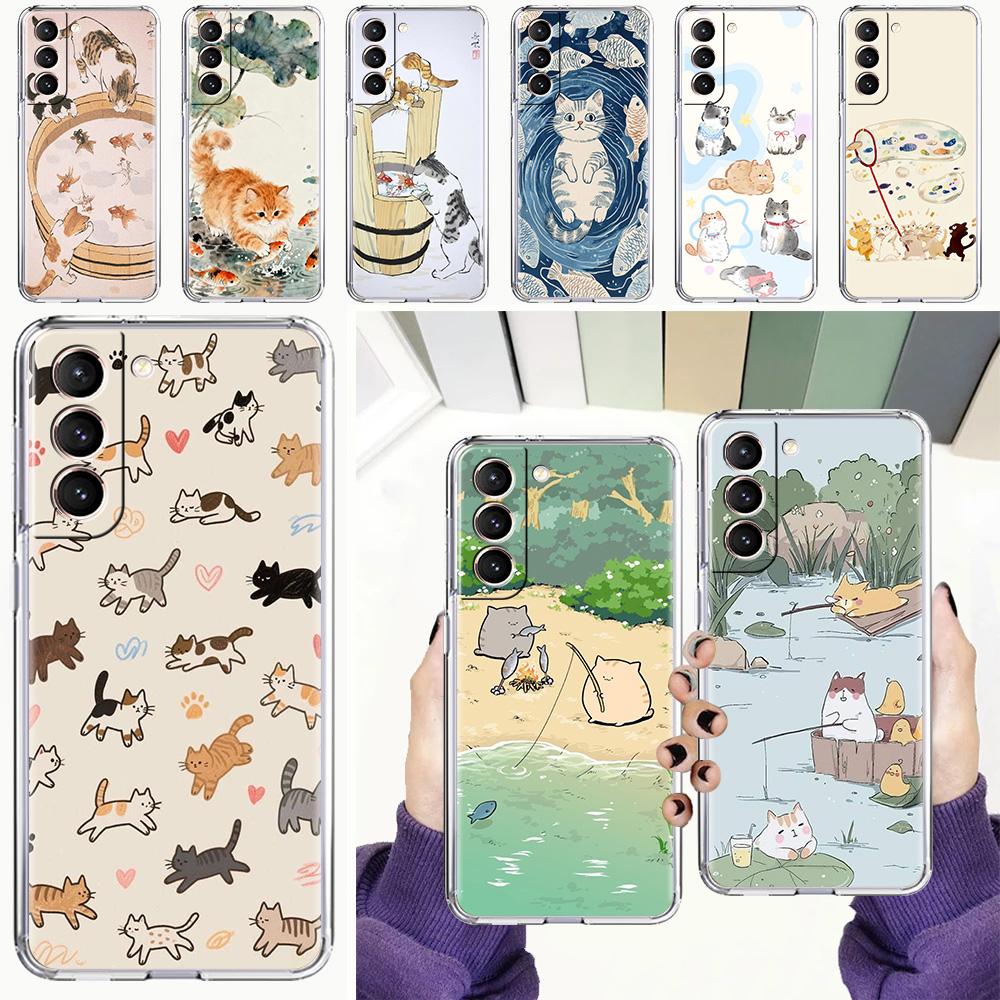 Phone Case For Samsung Galaxy S26 S25 S24 S23 S22 Ultra S20 S21 FE 5G Plus Soft Clear Cover Cat Fishing