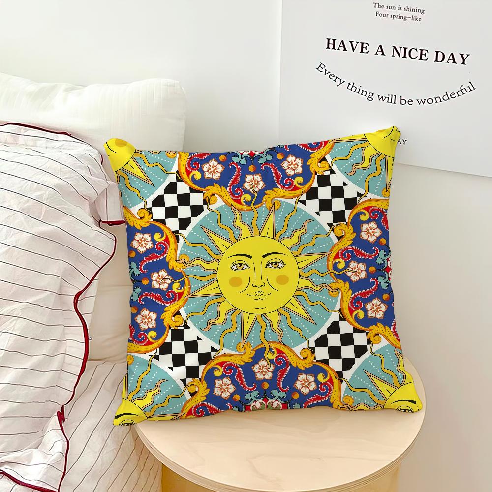 Mode Retro Karomuster Sonne Geometrie Kunst Bequemer weicher Kissenbezug für Sofa Wohnzimmer Heimbüro Deko Schutzhüllen
