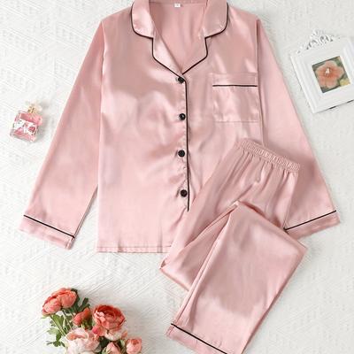 Damen Satin Loungewear-Set Langarmhemd mit Knöpfen und bequeme Hose Lockere Passform Nachtwäsche Frühling Herbst Pyjama