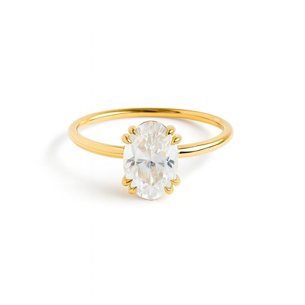 Damen Solitärring mit ovalem Zirkonia-Diamanten – Vergoldetes Band mit klarem weißen Stein, Eleganter Verlobungsstil Schmuckgeschenk für Sie