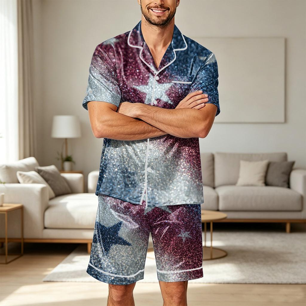 Men Satin Short Sleeve Pajama Set Two Piece Sleepwear with Shorts and Pocket Lightweight Smooth Fabric Comfortable Fit