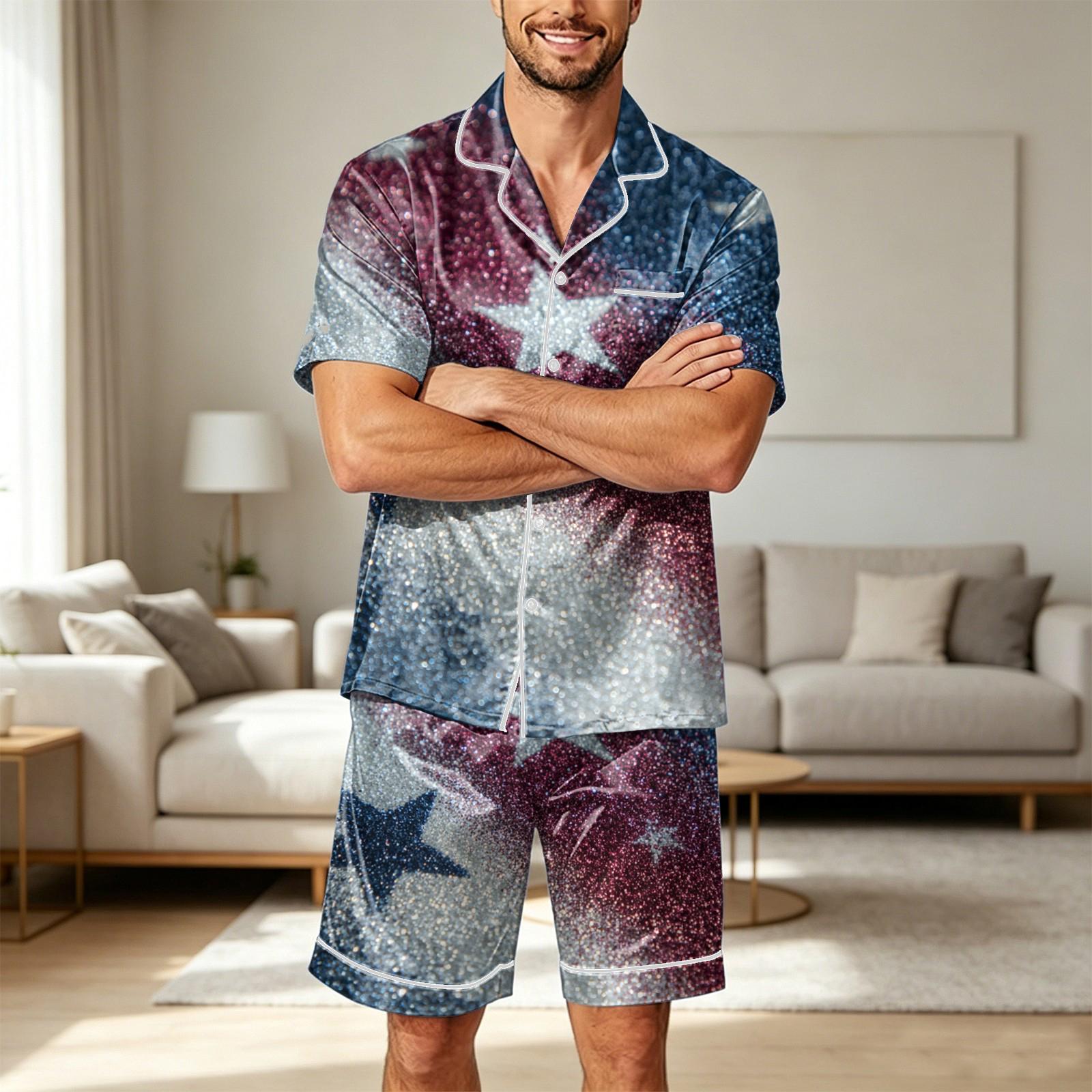 

Men Satin Short Sleeve Pajama Set Two Piece Sleepwear with Shorts and Pocket Lightweight Smooth Fabric Comfortable Fit XXXL