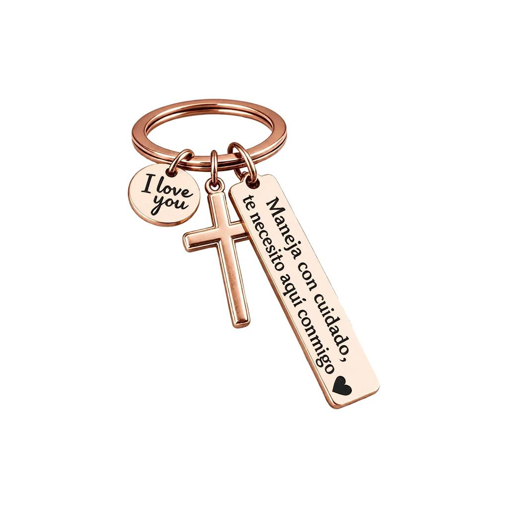 Cross Keychain Safety Reminder Rectangular Car Pendant Inspirational Message Keyring for Daily Use Durable Metal Material