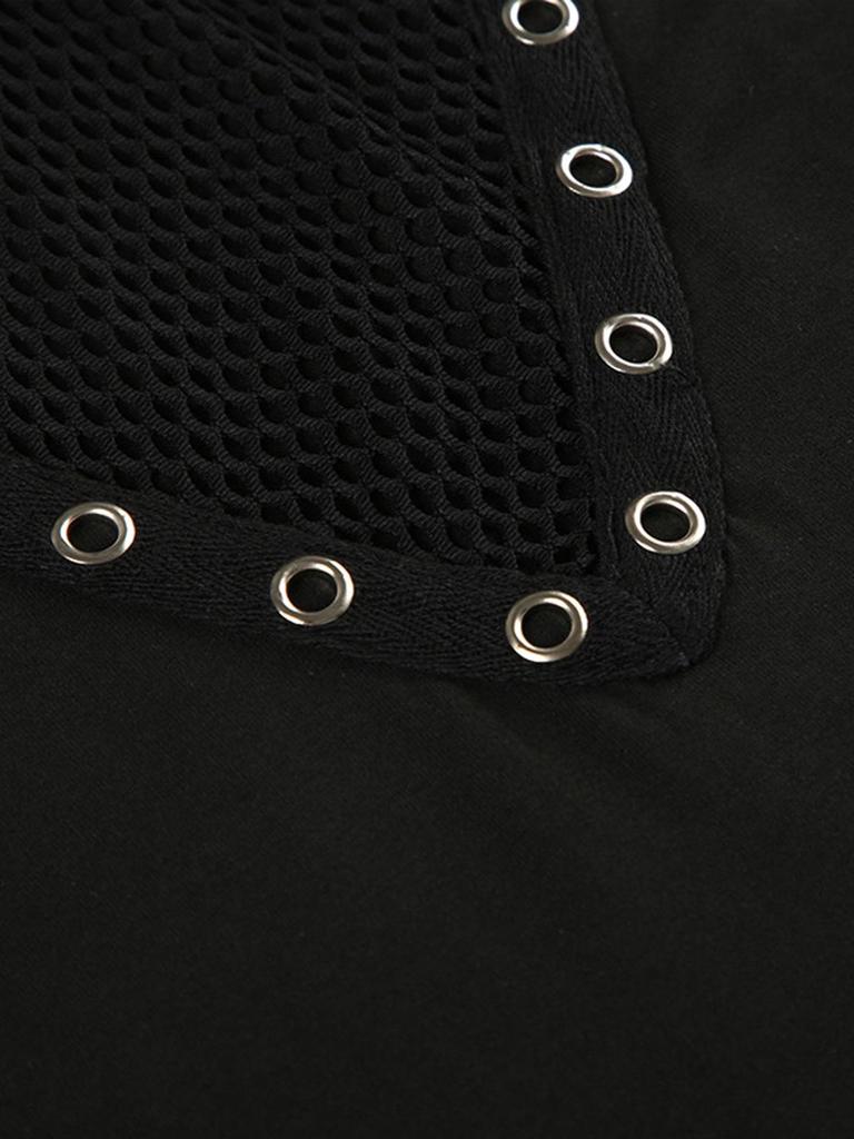 Y2K Tmavý síťovaný patchworkový slim fit sexy průsvitný top s dlouhým rukávem a výřezy