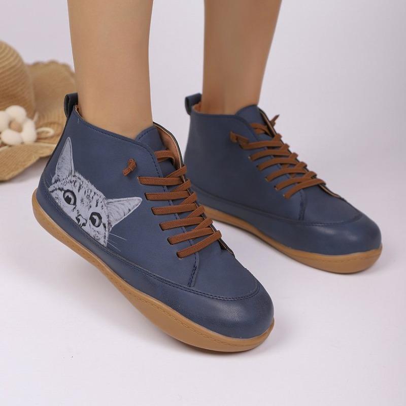 Botas Femininas Plus Size Estampa de Gato Cano Curto Salto Baixo Cadarço Moda Confortáveis Todas as Estações Primavera Outono