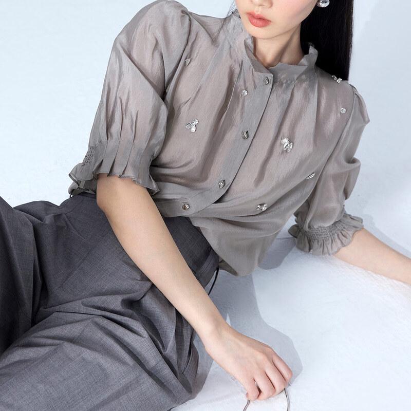 

Women s Puff Sleeve Beaded Stand Collar Blouse M